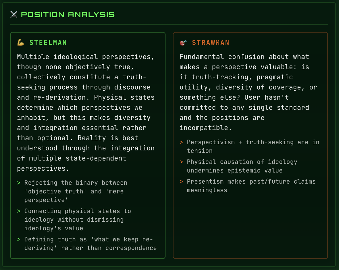 Steelman vs strawman analysis showing AI's rigorous challenge approach